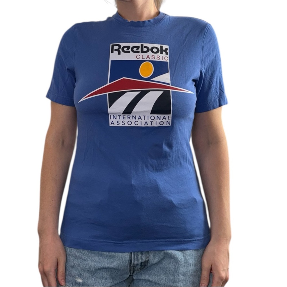 Reebok Blue Logo Graphic Tee with Red and Yellow Accents